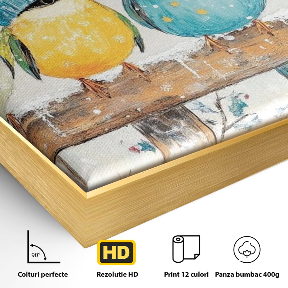 Detaliu al suprafetei: tablou canvas cu vrabiute colorate in iarna, in rama de aluminiu auriu