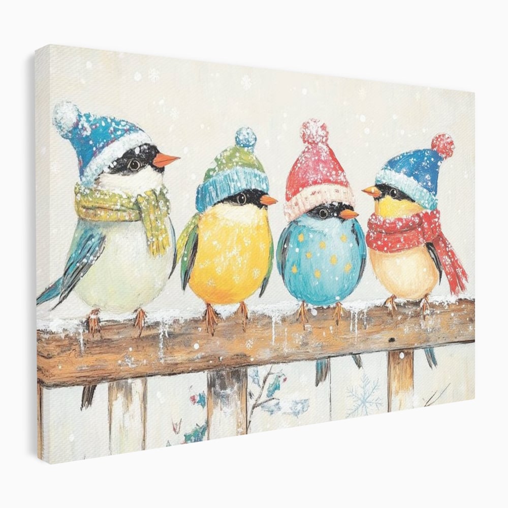 Tablou canvas cu tablou canvas cu vrabiute colorate in iarna, fara rama, pe sasiu de lemn