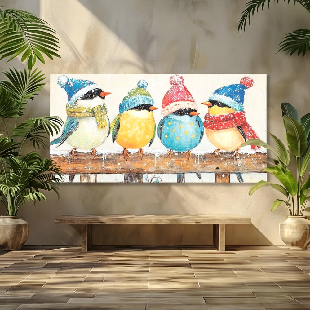 Tablou canvas cu tablou canvas cu vrabiute colorate in iarna, fara rama, pe sasiu de lemn