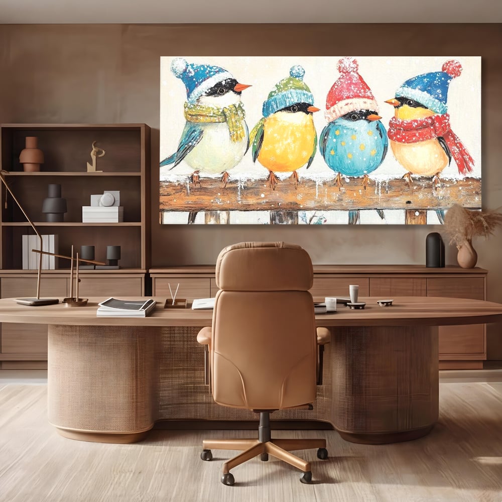 Tablou canvas cu tablou canvas cu vrabiute colorate in iarna, fara rama, pe sasiu de lemn, pe perete intr-un birou