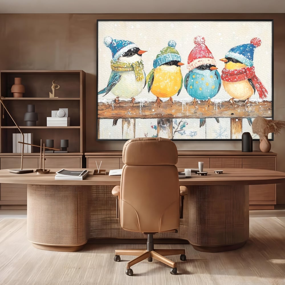 Tablou canvas cu tablou canvas cu vrabiute colorate in iarna, in rama de aluminiu negru, pe perete intr-un birou
