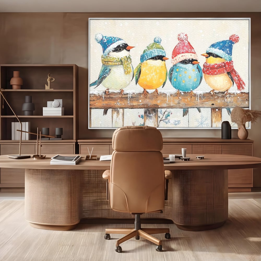 Tablou canvas cu tablou canvas cu vrabiute colorate in iarna, in rama de aluminiu argintiu, pe perete intr-un birou
