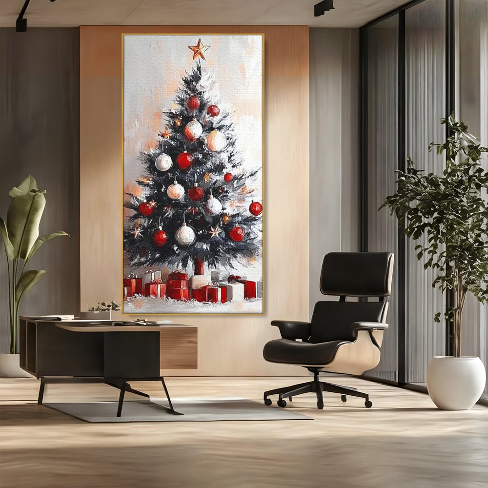 Tablou canvas cu tablou canvas cu brad de craciun pictat, in rama de aluminiu auriu, pe perete intr-un birou