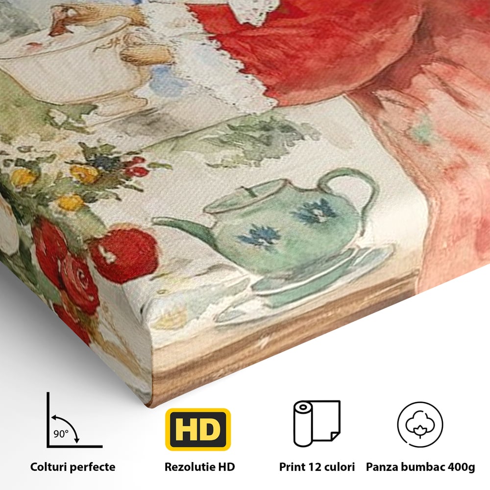 Detaliu al suprafetei: tablou canvas cu iepuras care bea ceai, fara rama, pe sasiu de lemn