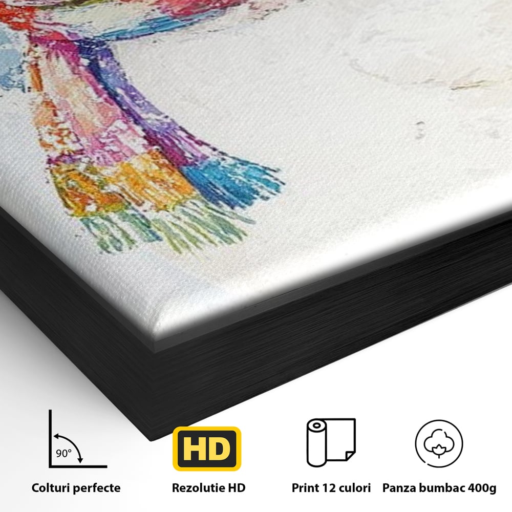 Detaliu al suprafetei: tablou canvas cu rata imbracata de iarna, in rama de aluminiu negru