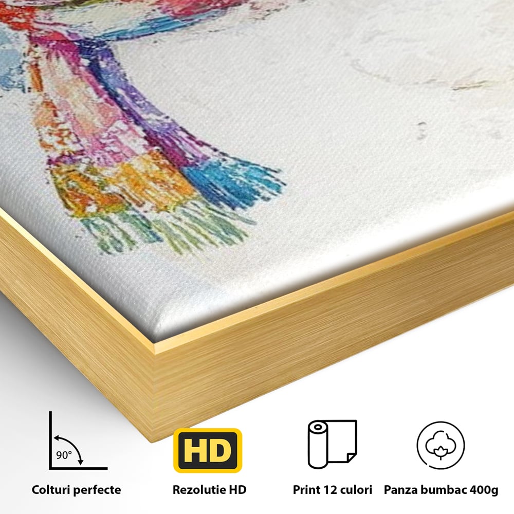 Detaliu al suprafetei: tablou canvas cu rata imbracata de iarna, in rama de aluminiu auriu