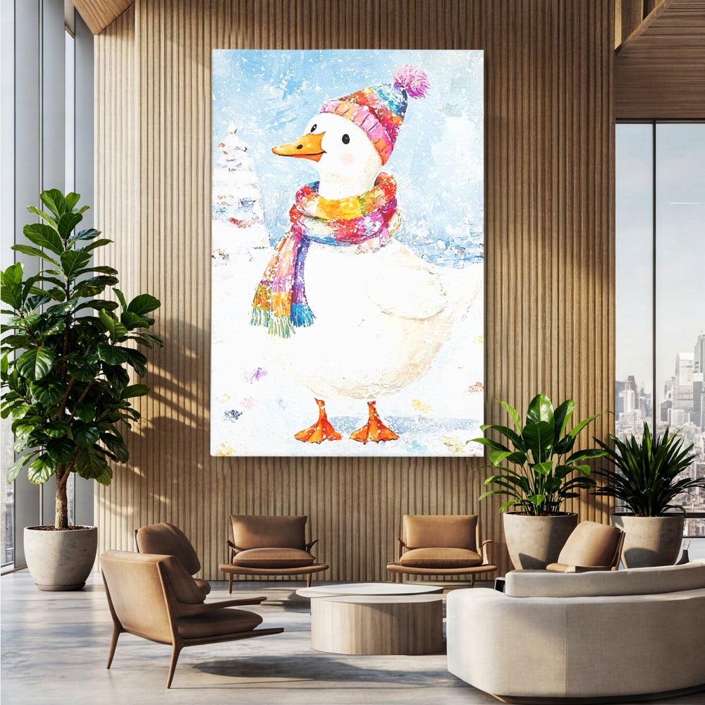 Tablou canvas cu tablou canvas cu rata imbracata de iarna, fara rama, pe sasiu de lemn, pe perete intr-un birou