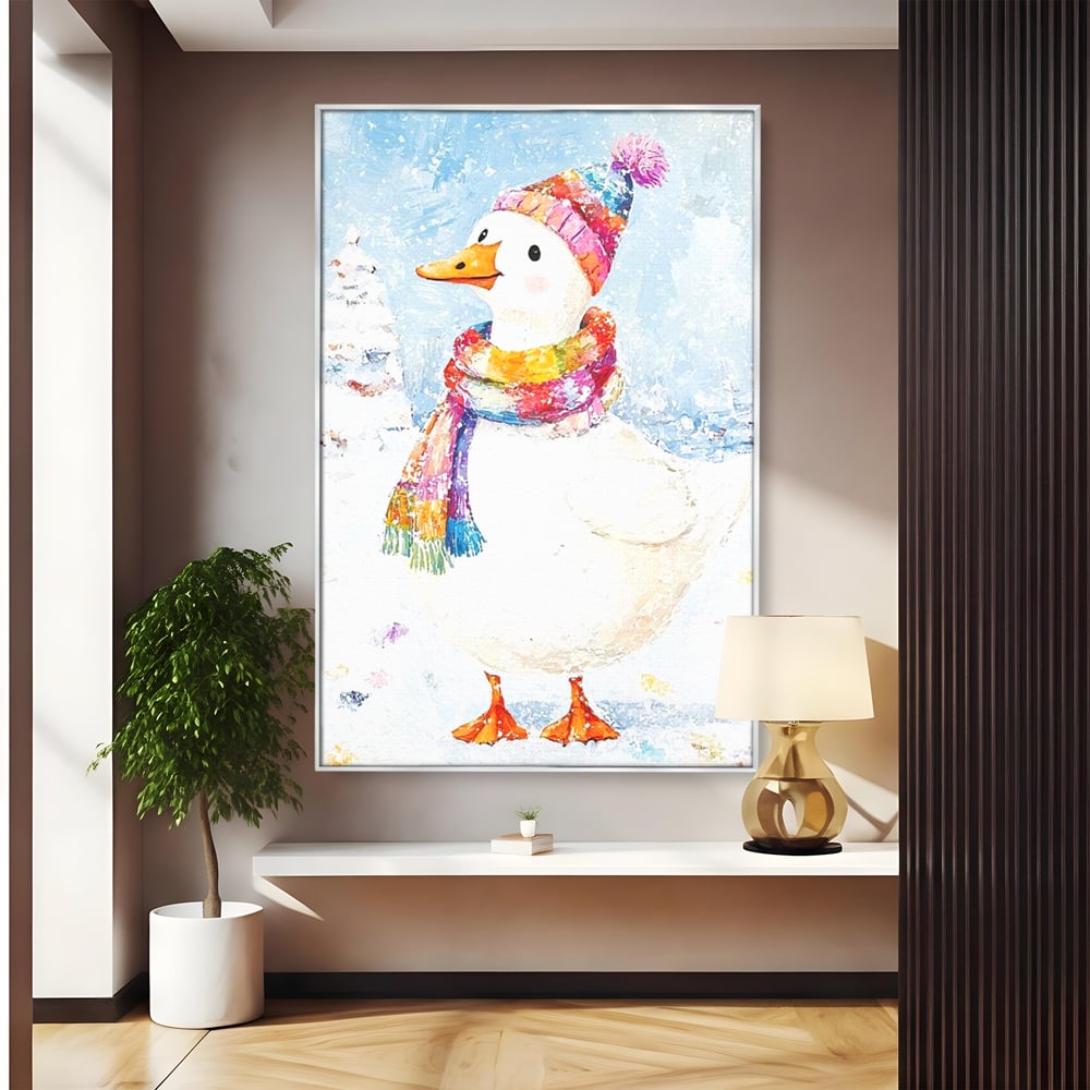 Tablou canvas cu tablou canvas cu rata imbracata de iarna, in rama de aluminiu argintiu