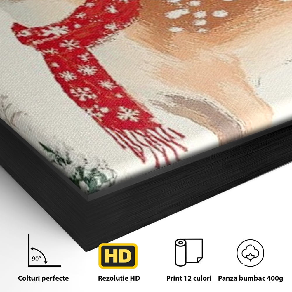 Detaliu al suprafetei: tablou canvas cu ren festiv, in rama de aluminiu negru