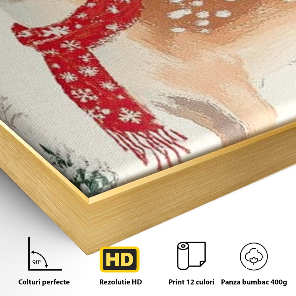 Detaliu al suprafetei: tablou canvas cu ren festiv, in rama de aluminiu auriu