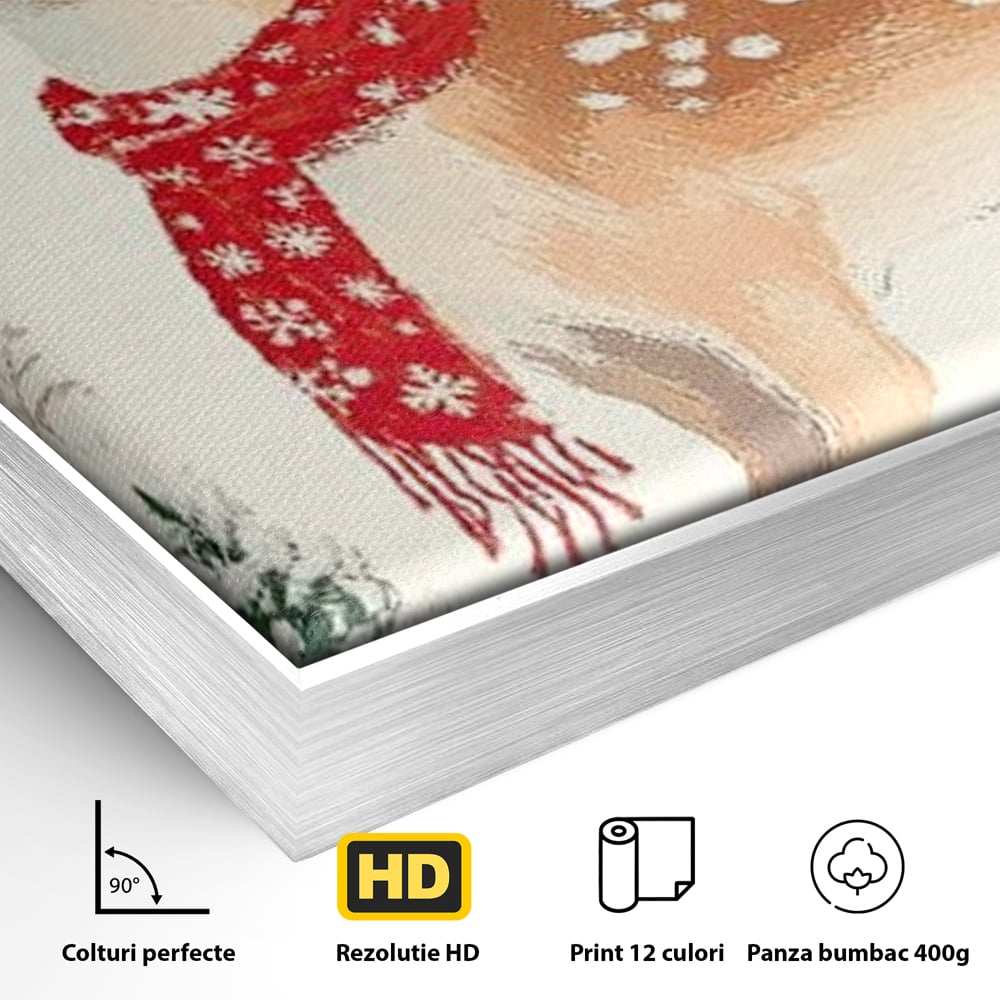 Detaliu al suprafetei: tablou canvas cu ren festiv, in rama de aluminiu argintiu