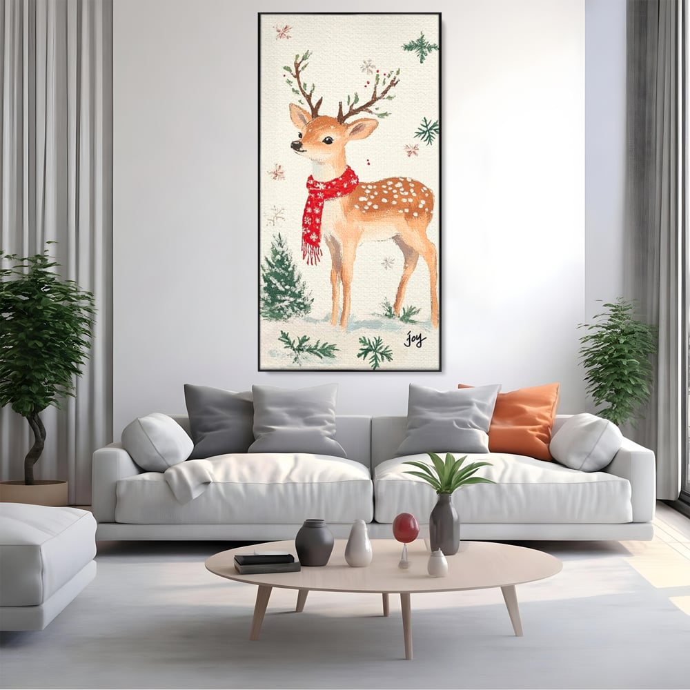 Tablou canvas cu tablou canvas cu ren festiv, in rama de aluminiu negru, pe perete intr-un living