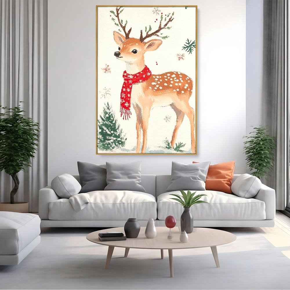 Tablou canvas cu tablou canvas cu ren festiv, in rama de aluminiu auriu, pe perete intr-un living