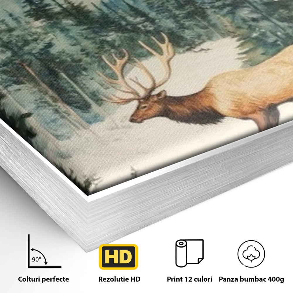 Detaliu al suprafetei: tablou canvas cu cerb in zapada, in rama de aluminiu argintiu