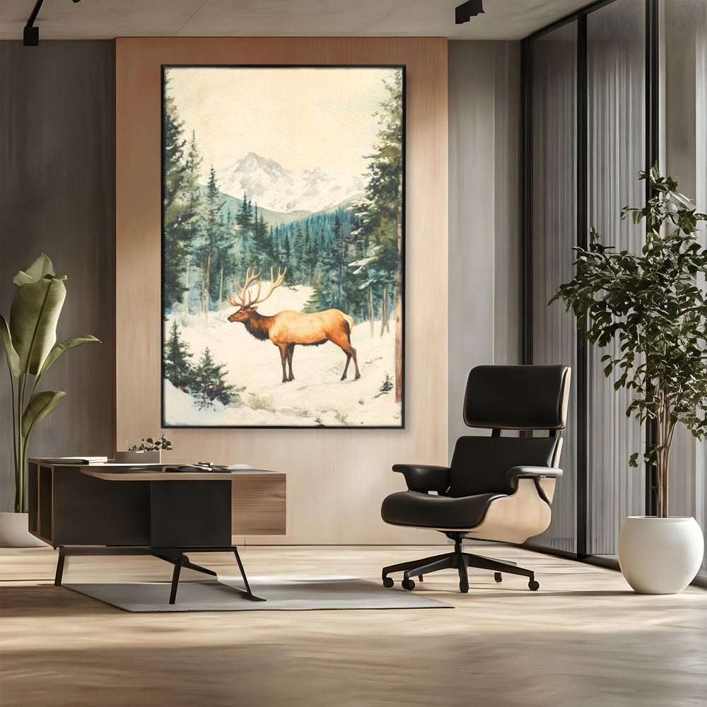 Tablou canvas cu tablou canvas cu cerb in zapada, in rama de aluminiu negru, pe perete intr-un birou
