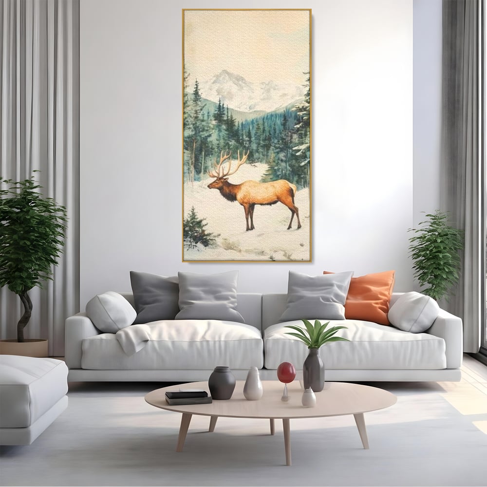 Tablou canvas cu tablou canvas cu cerb in zapada, in rama de aluminiu auriu, pe perete intr-un living