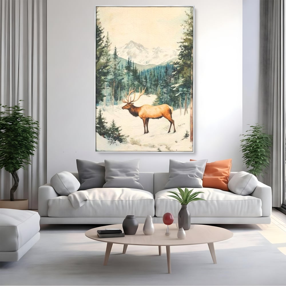 Tablou canvas cu tablou canvas cu cerb in zapada, in rama de aluminiu argintiu, pe perete intr-un living