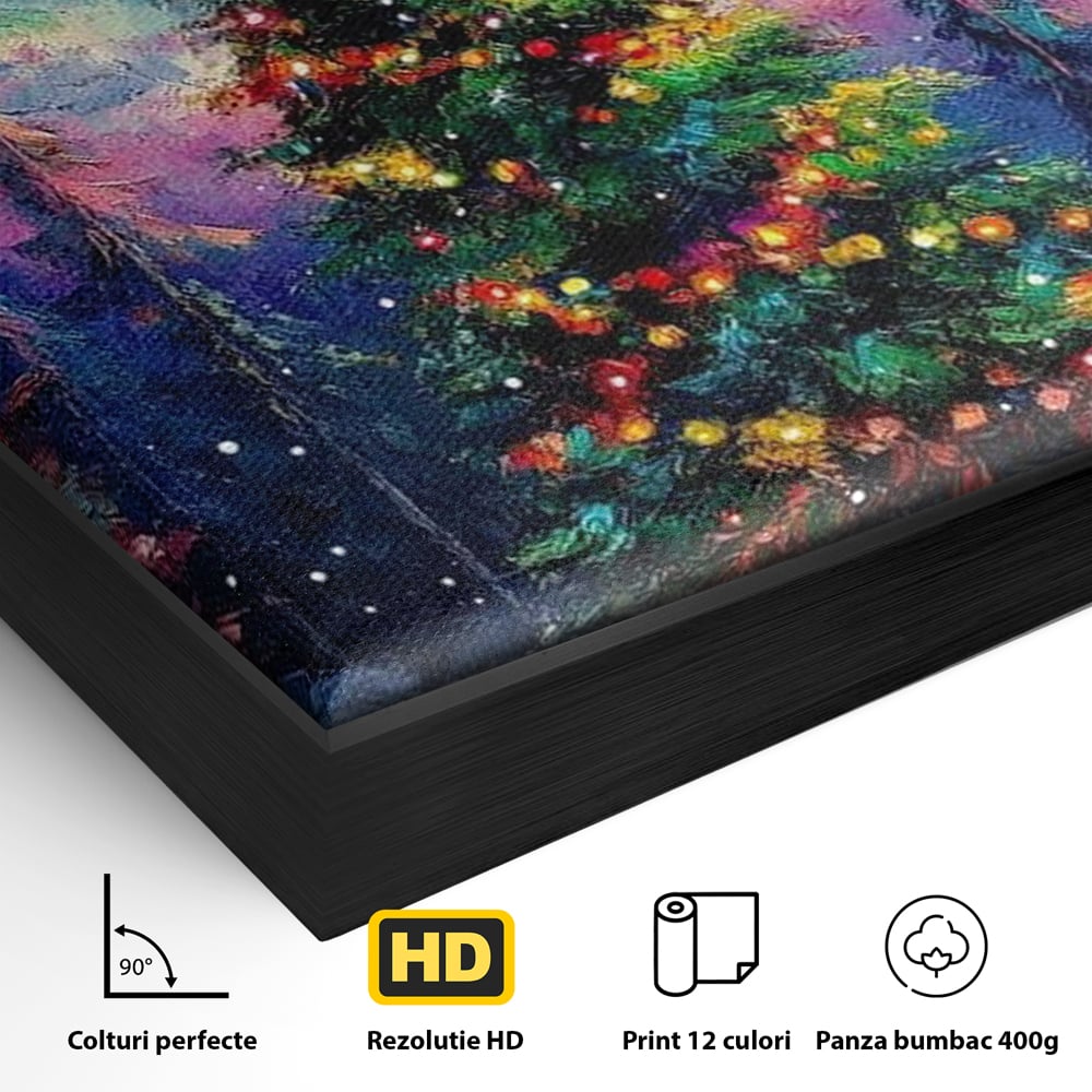 Detaliu al suprafetei: tablou canvas cu brad de craciun si aurora boreala, in rama de aluminiu negru