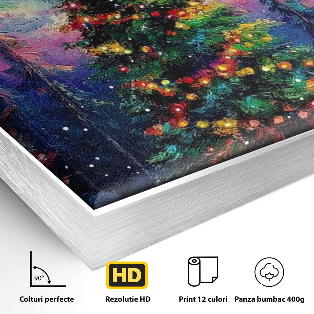 Detaliu al suprafetei: tablou canvas cu brad de craciun si aurora boreala, in rama de aluminiu argintiu