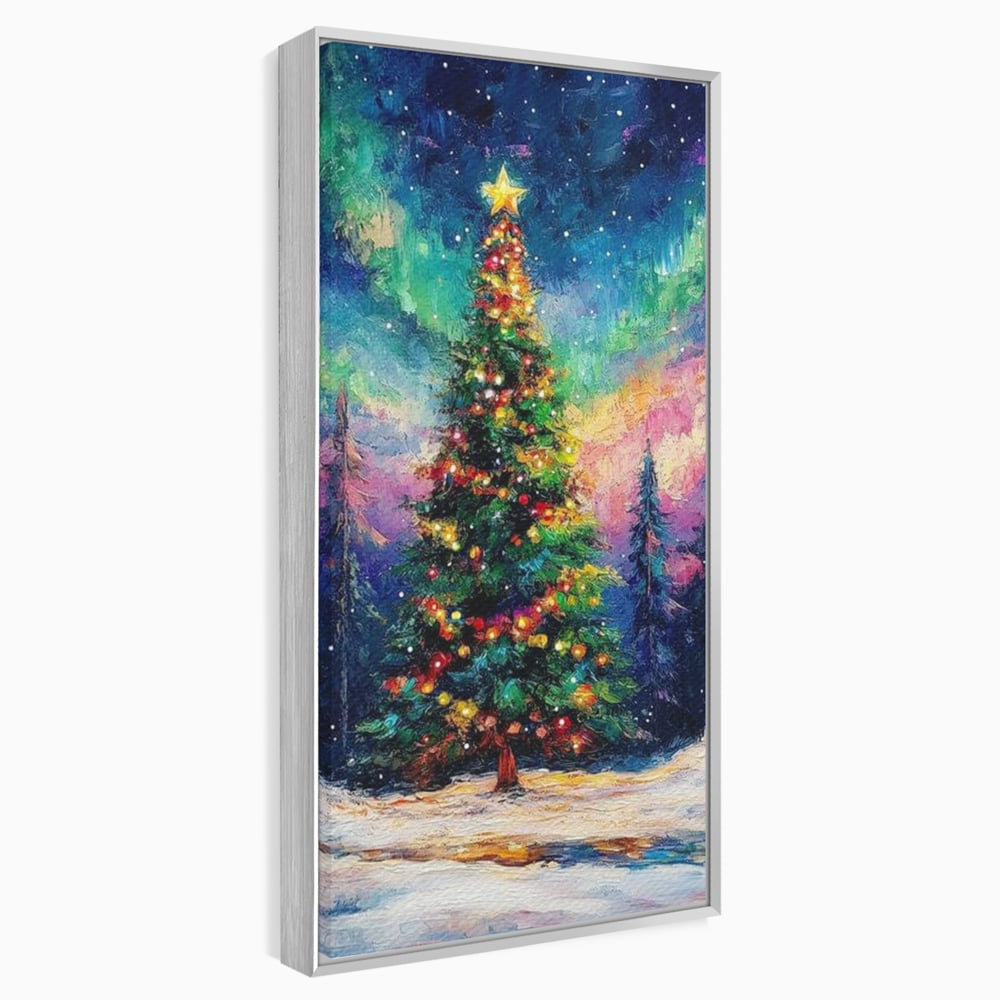 Tablou canvas cu tablou canvas cu brad de craciun si aurora boreala, in rama de aluminiu argintiu