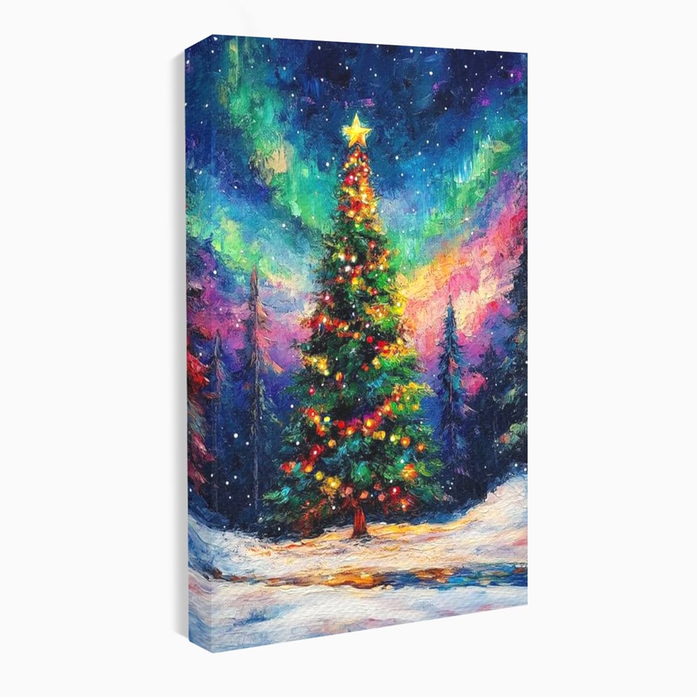 Tablou canvas cu tablou canvas cu brad de craciun si aurora boreala, fara rama, pe sasiu de lemn