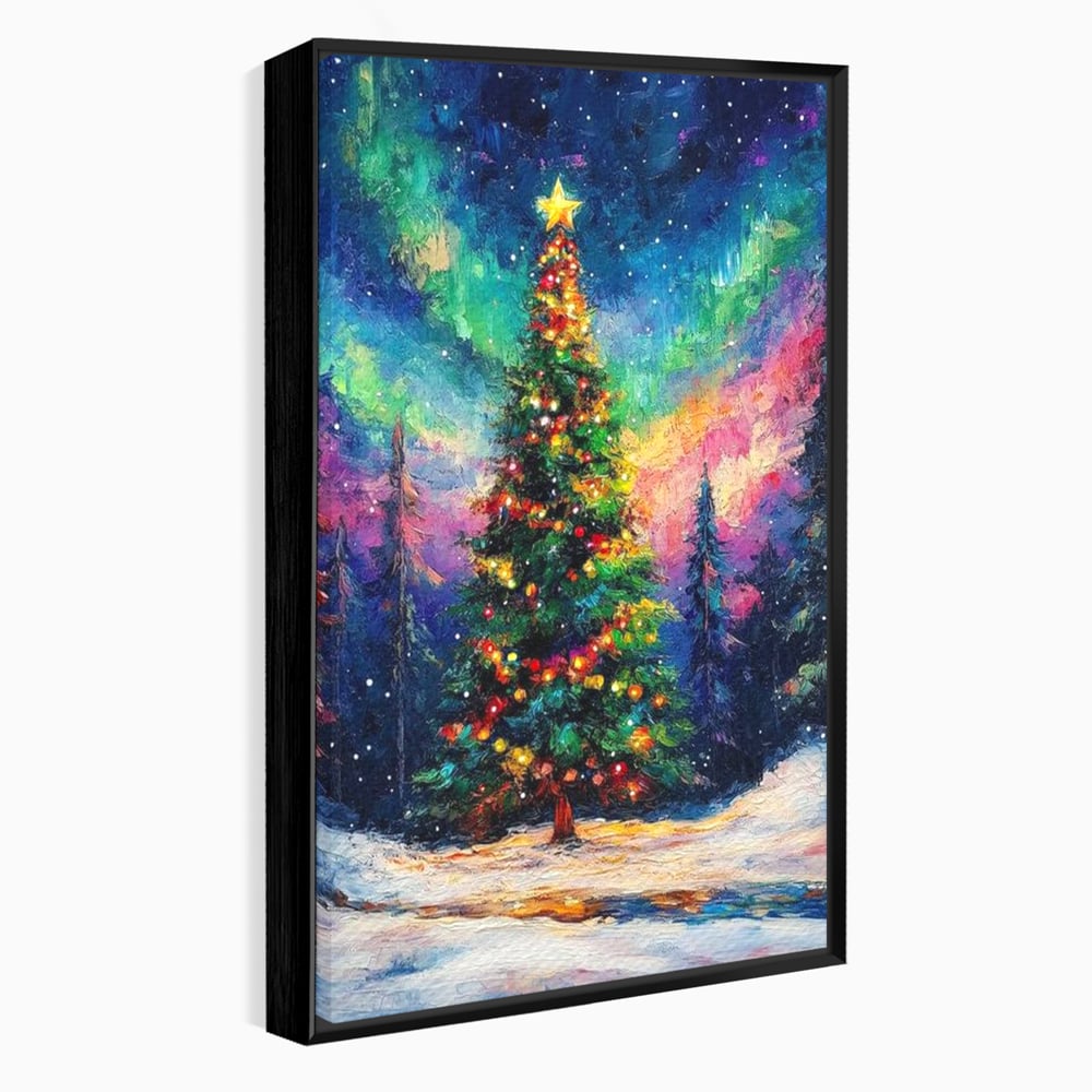 Tablou canvas cu tablou canvas cu brad de craciun si aurora boreala, in rama de aluminiu negru