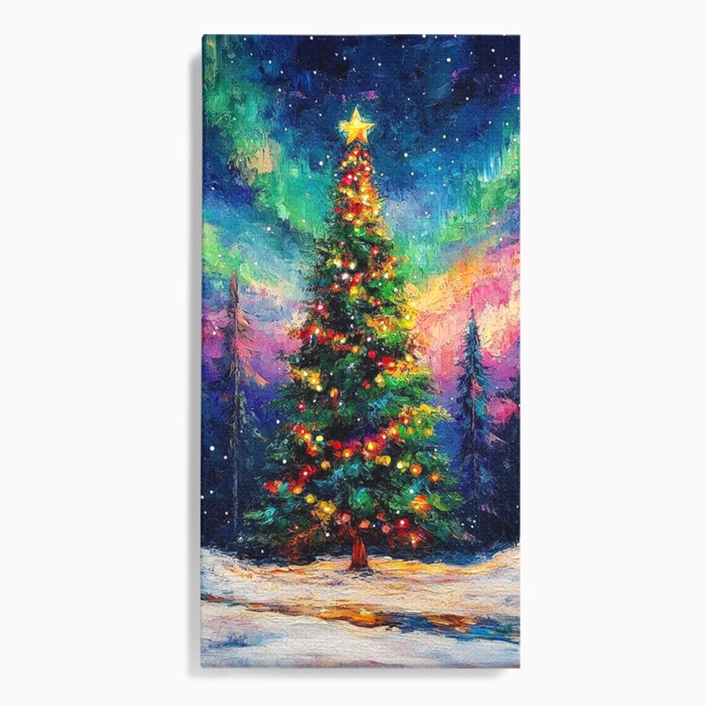 Tablou canvas cu tablou canvas cu brad de craciun si aurora boreala, fara rama, pe sasiu de lemn