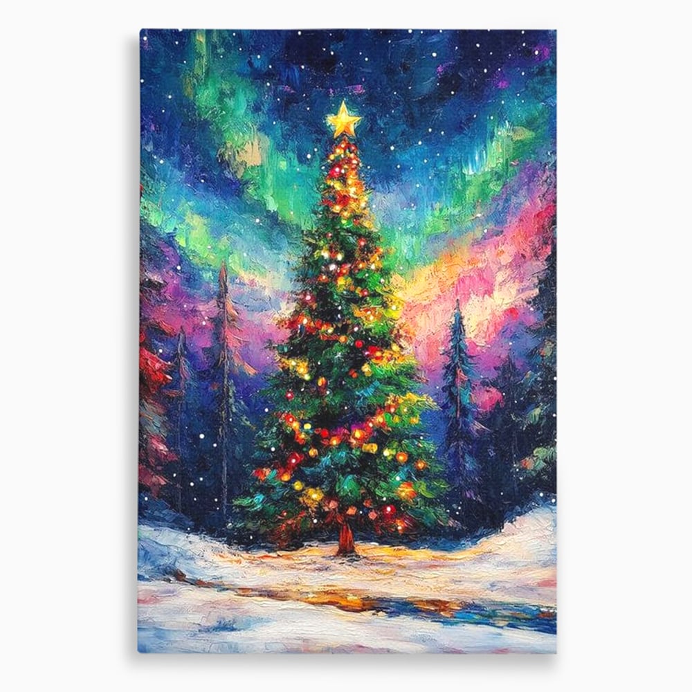 Tablou canvas cu tablou canvas cu brad de craciun si aurora boreala, fara rama, pe sasiu de lemn