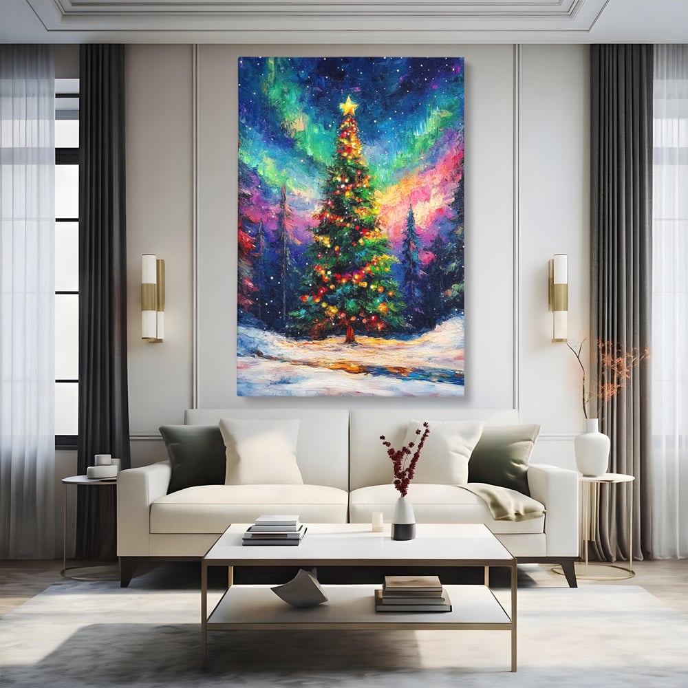 Tablou canvas cu tablou canvas cu brad de craciun si aurora boreala, fara rama, pe sasiu de lemn, pe perete intr-un living