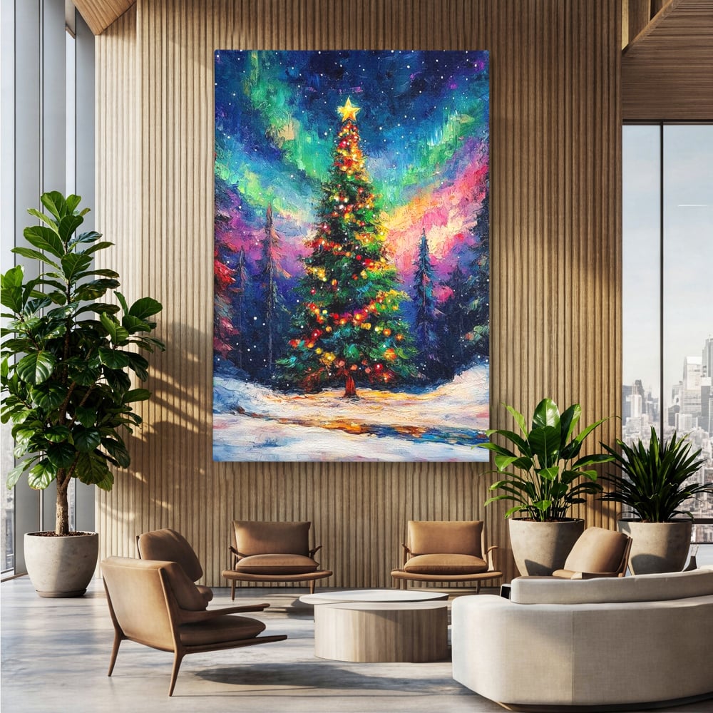 Tablou canvas cu tablou canvas cu brad de craciun si aurora boreala, fara rama, pe sasiu de lemn, pe perete intr-un birou
