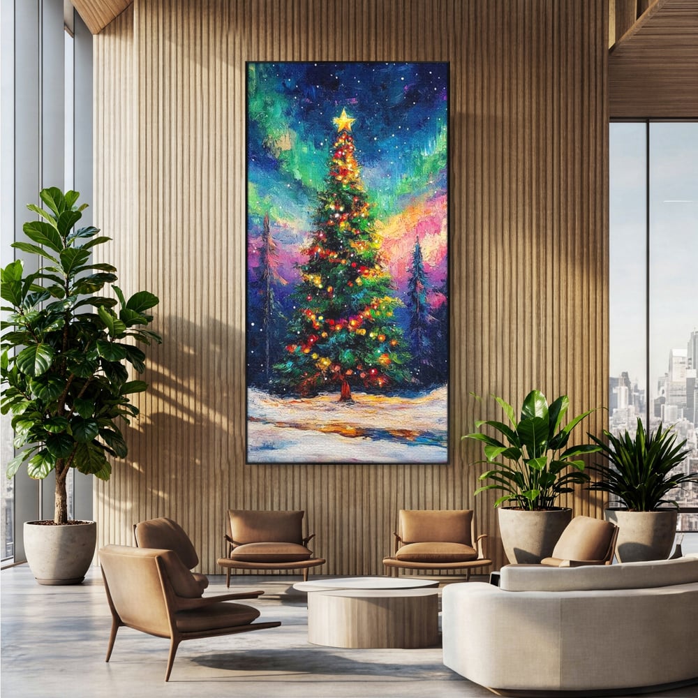 Tablou canvas cu tablou canvas cu brad de craciun si aurora boreala, in rama de aluminiu negru, pe perete intr-un birou