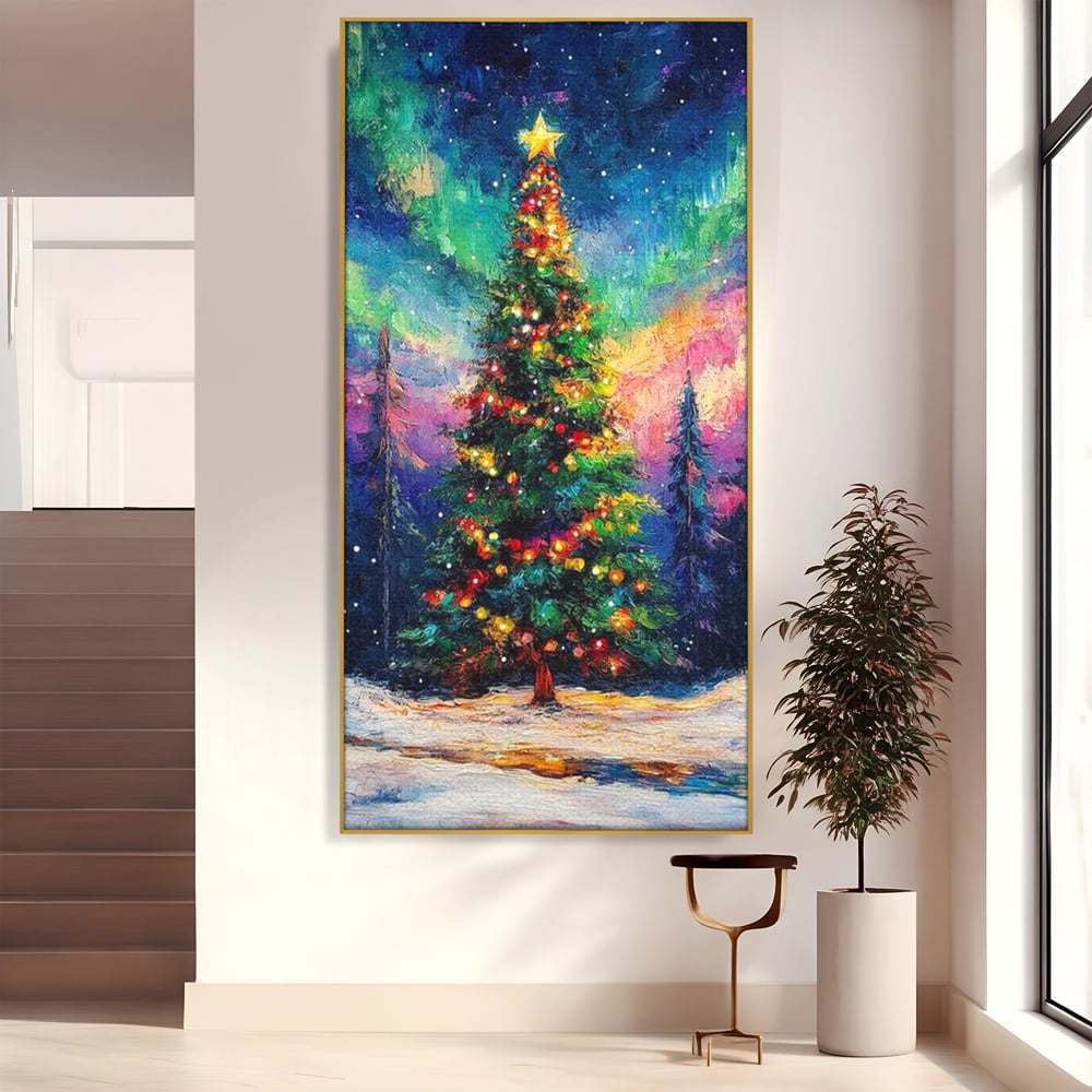 Tablou canvas cu tablou canvas cu brad de craciun si aurora boreala, in rama de aluminiu auriu