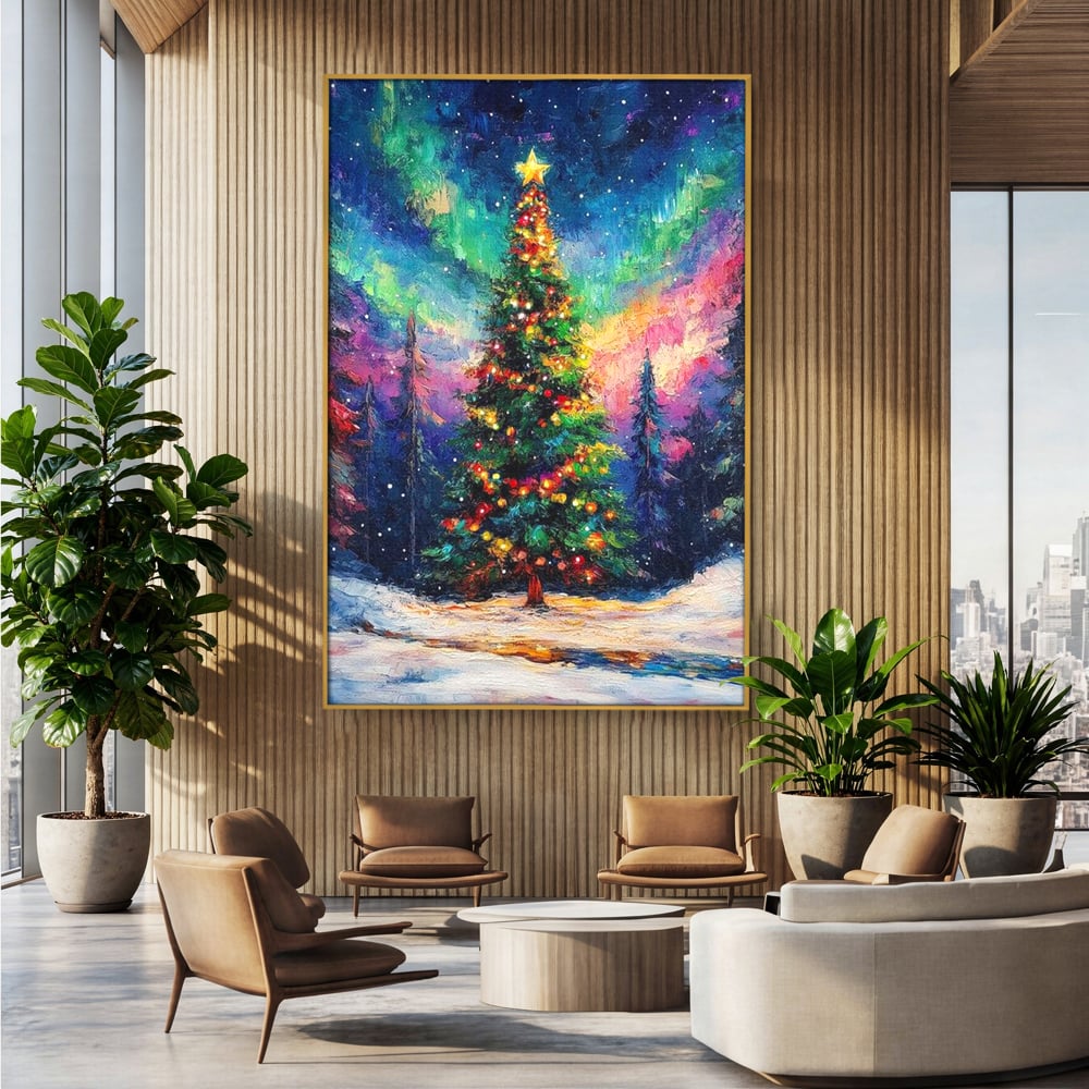 Tablou canvas cu tablou canvas cu brad de craciun si aurora boreala, in rama de aluminiu auriu, pe perete intr-un birou