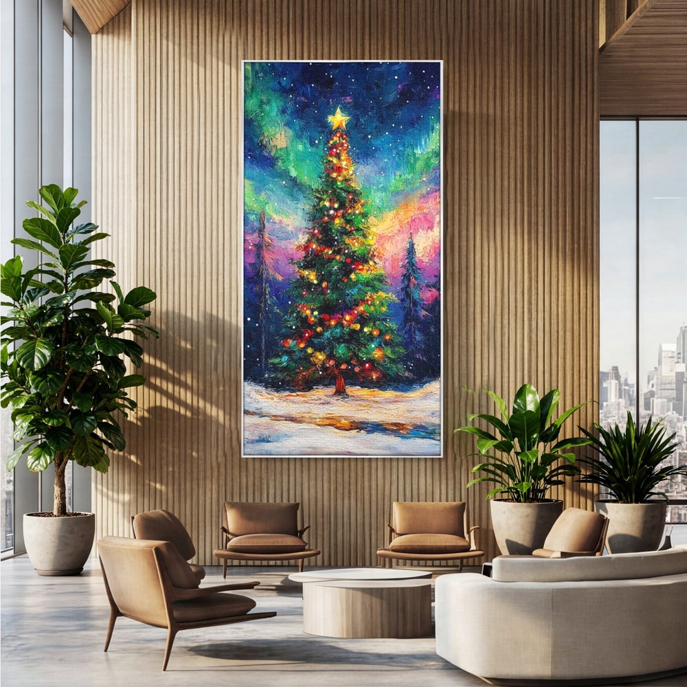 Tablou canvas cu tablou canvas cu brad de craciun si aurora boreala, in rama de aluminiu argintiu, pe perete intr-un birou