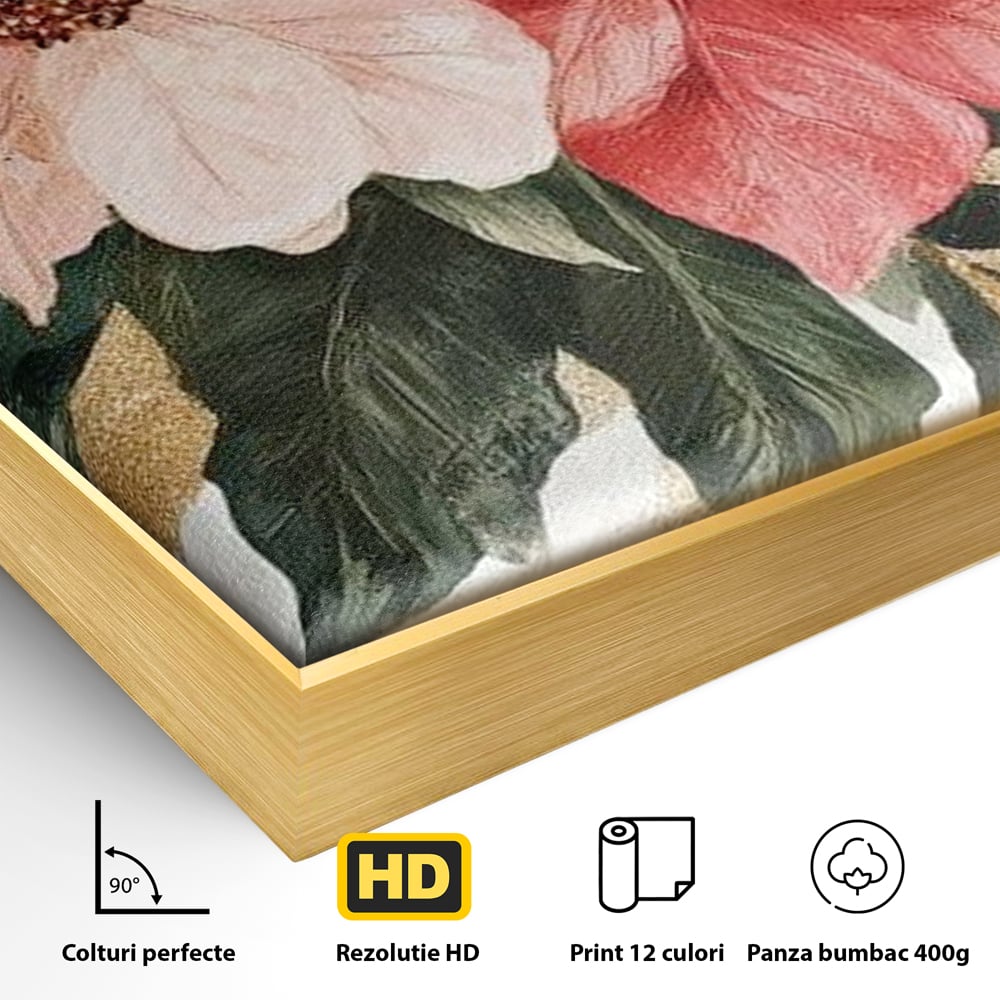 Detaliu al suprafetei: tablou canvas cu flori de craciun, in rama de aluminiu auriu