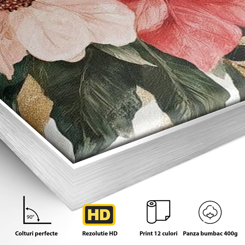 Detaliu al suprafetei: tablou canvas cu flori de craciun, in rama de aluminiu argintiu