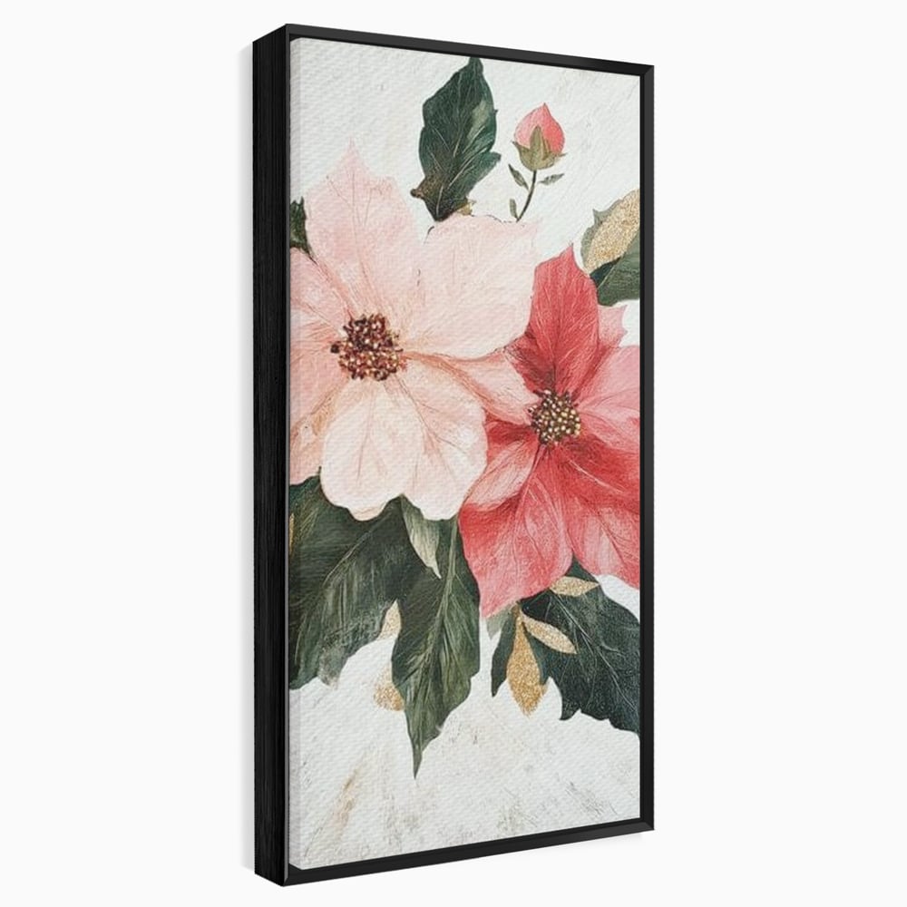 Tablou canvas cu tablou canvas cu flori de craciun, in rama de aluminiu negru
