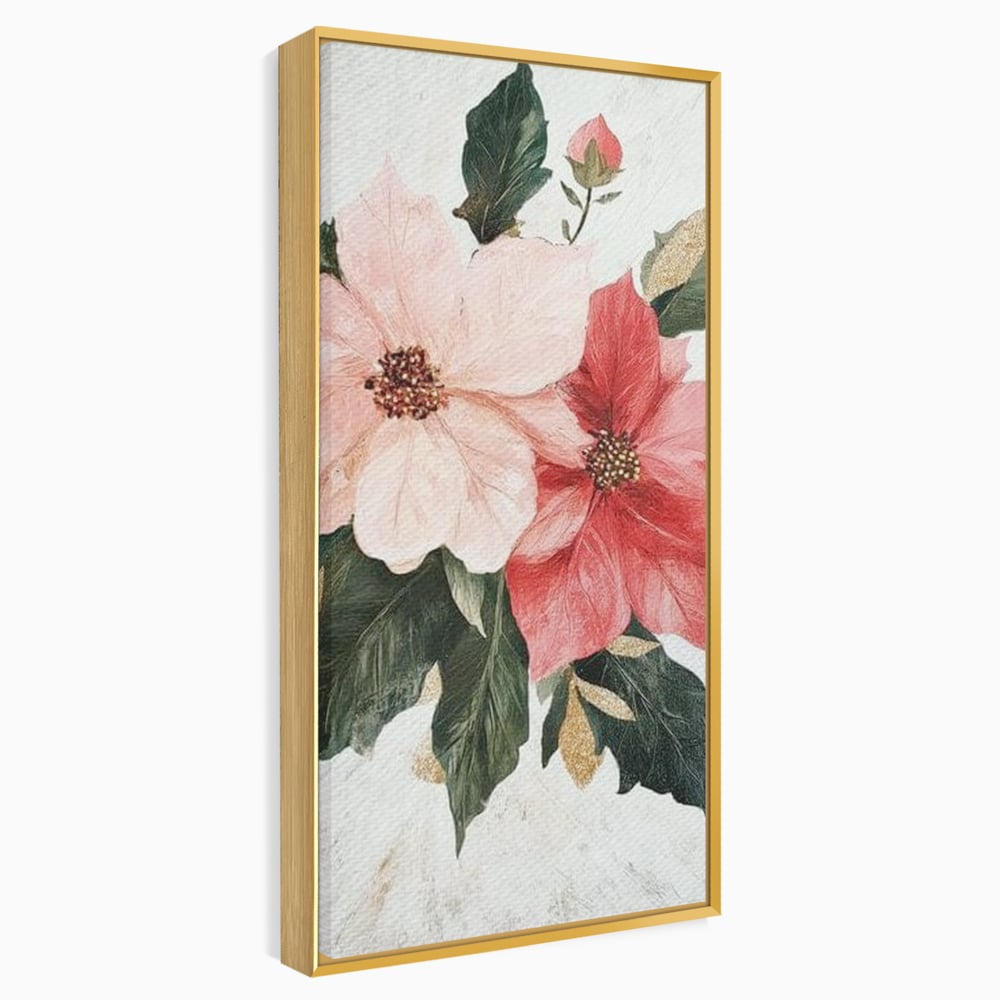 Tablou canvas cu tablou canvas cu flori de craciun, in rama de aluminiu auriu