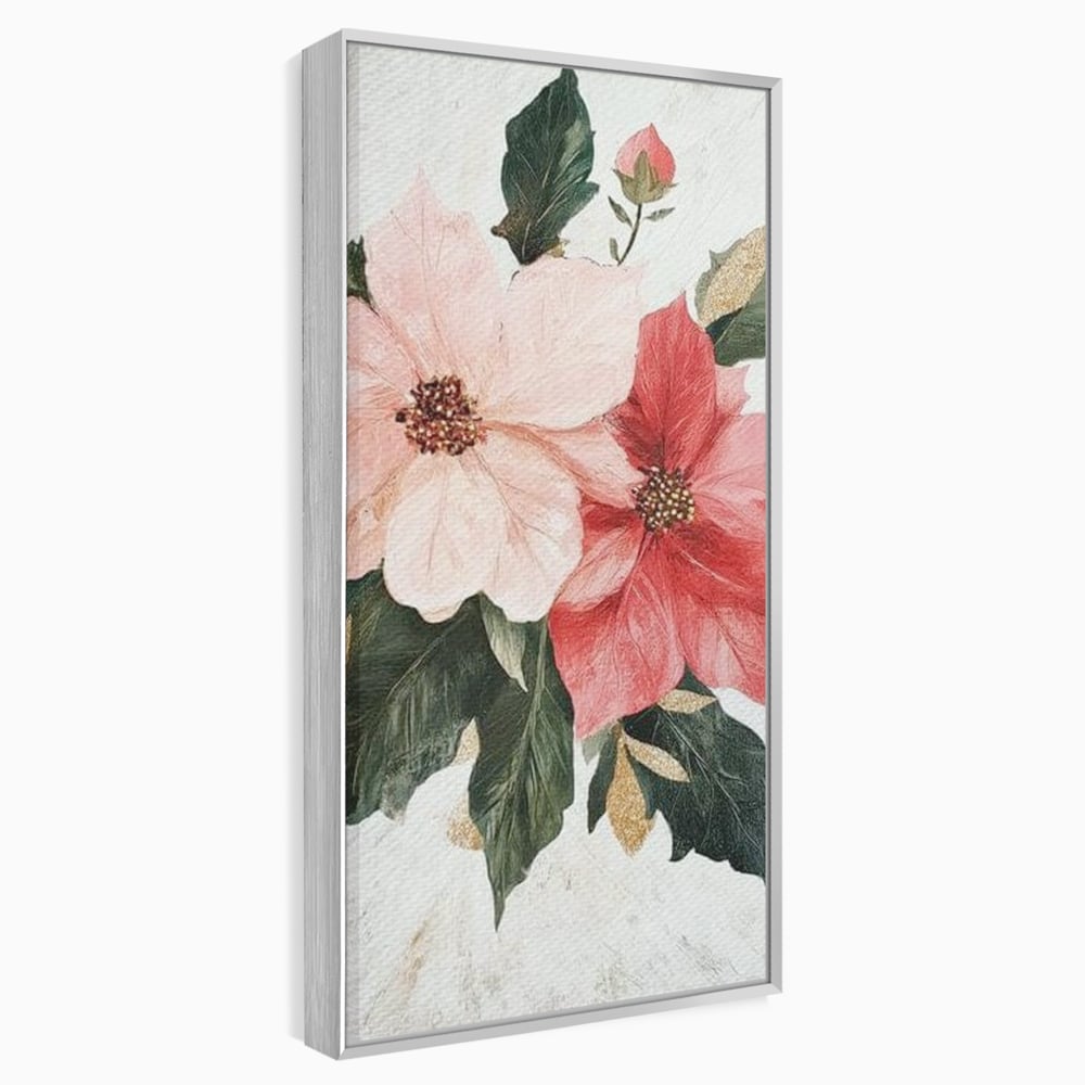 Tablou canvas cu tablou canvas cu flori de craciun, in rama de aluminiu argintiu