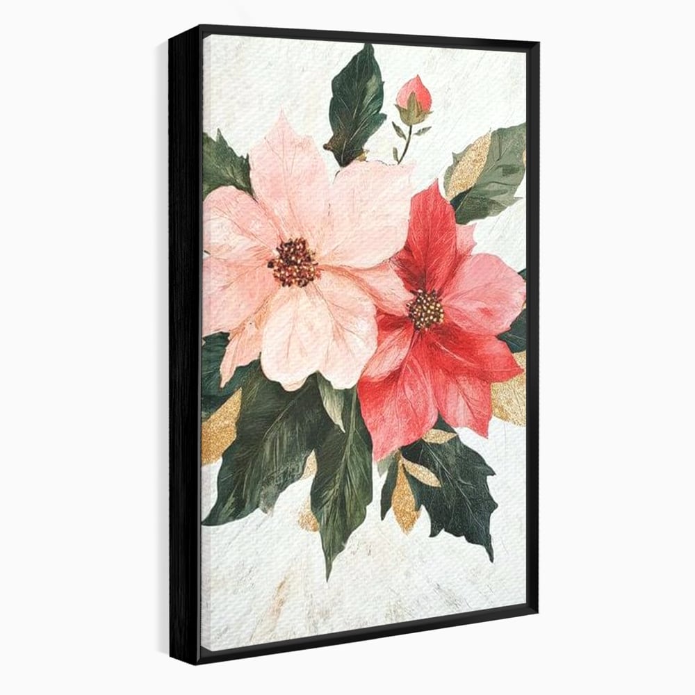 Tablou canvas cu tablou canvas cu flori de craciun, in rama de aluminiu negru