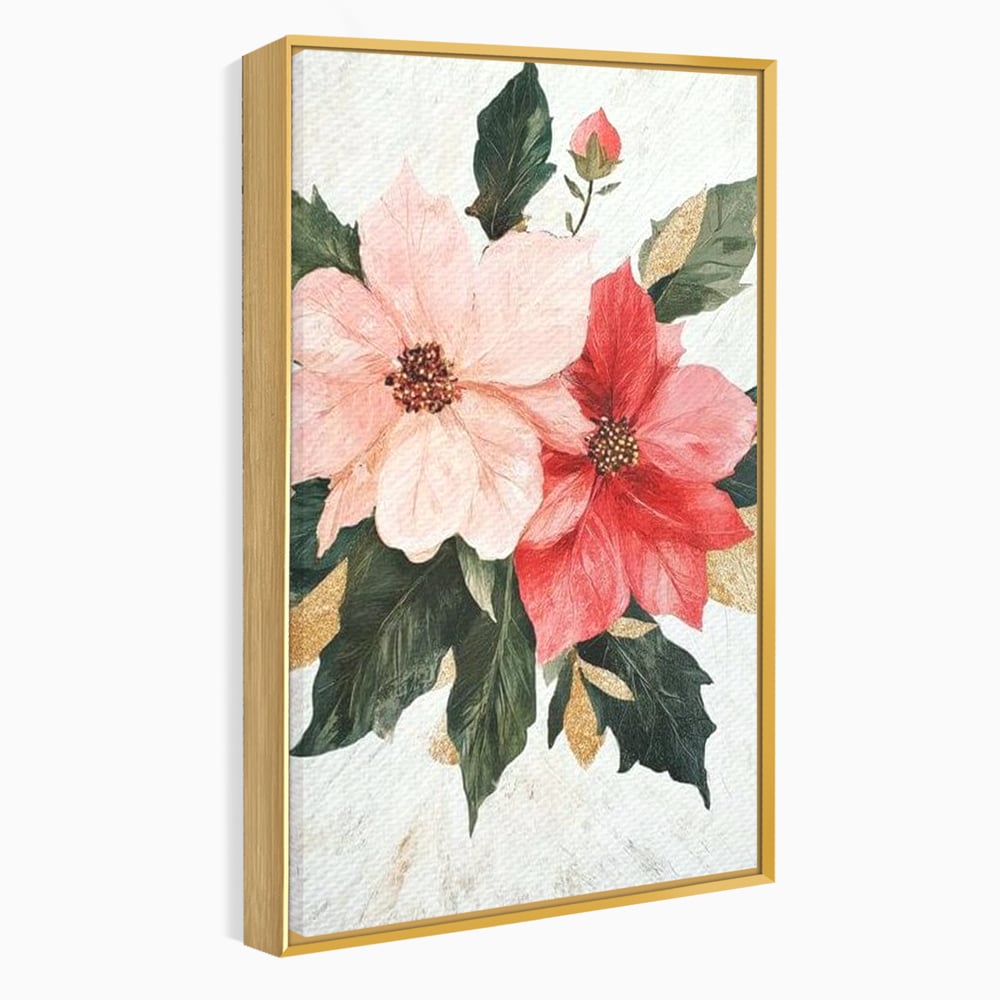 Tablou canvas cu tablou canvas cu flori de craciun, in rama de aluminiu auriu