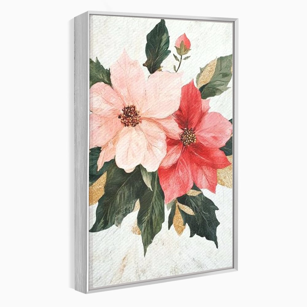 Tablou canvas cu tablou canvas cu flori de craciun, in rama de aluminiu argintiu
