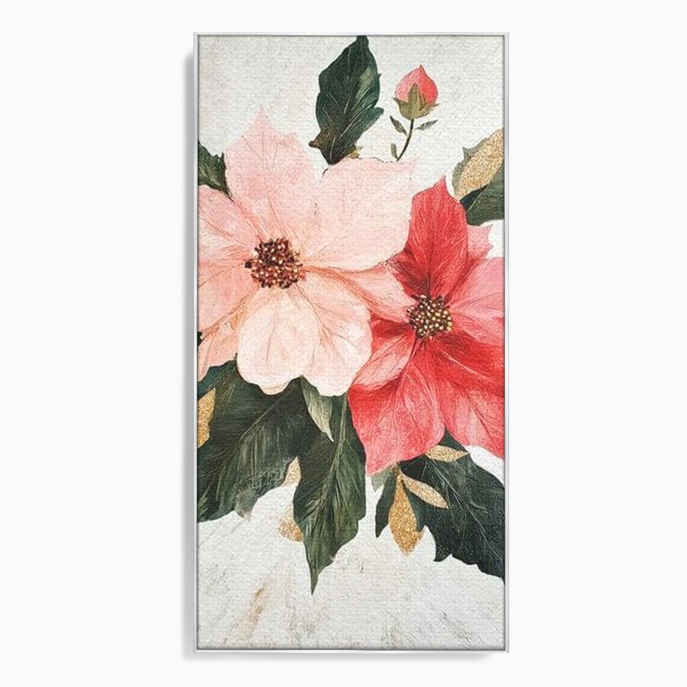 Tablou canvas cu tablou canvas cu flori de craciun, in rama de aluminiu argintiu