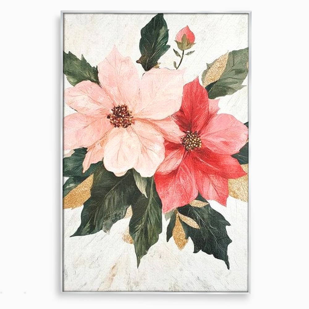 Tablou canvas cu tablou canvas cu flori de craciun, in rama de aluminiu argintiu