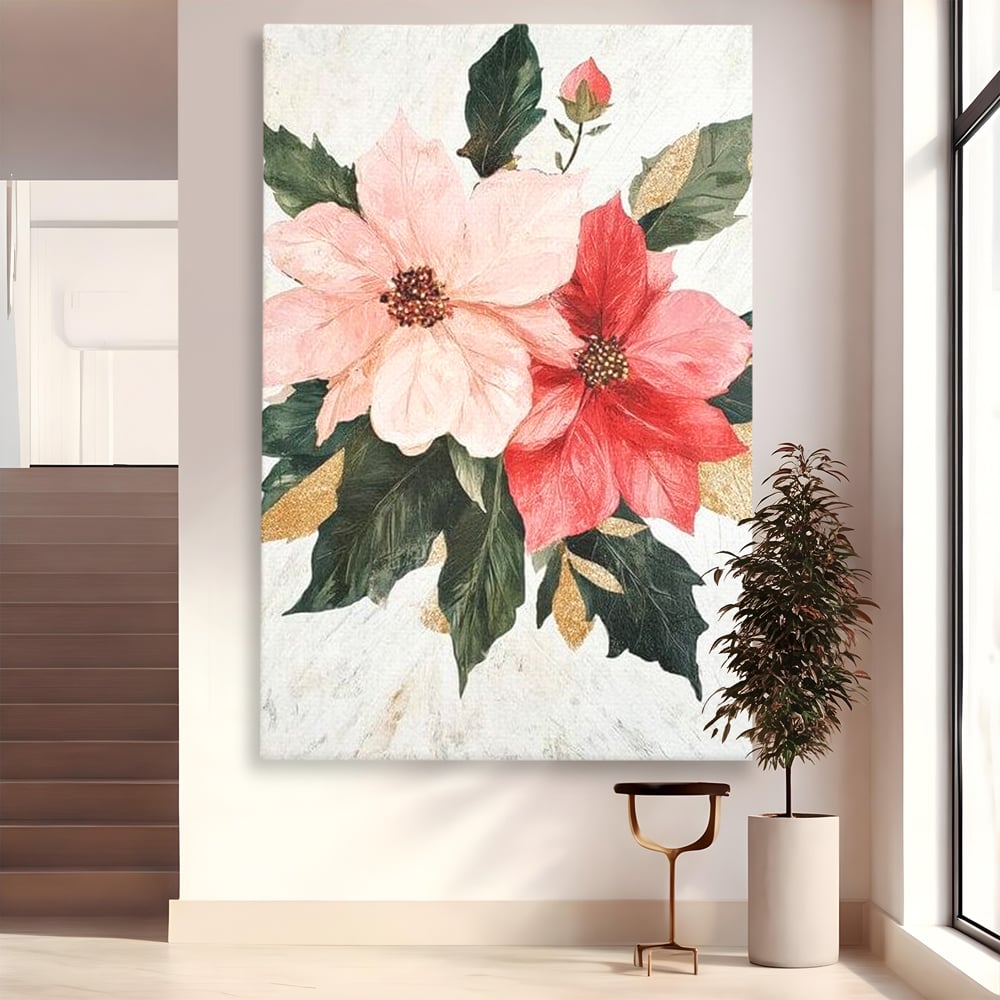 Tablou canvas cu tablou canvas cu flori de craciun, fara rama, pe sasiu de lemn