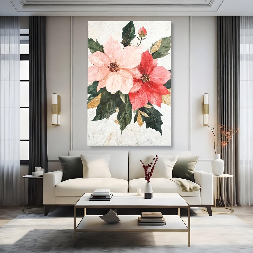 Tablou canvas cu tablou canvas cu flori de craciun, fara rama, pe sasiu de lemn, pe perete intr-un living
