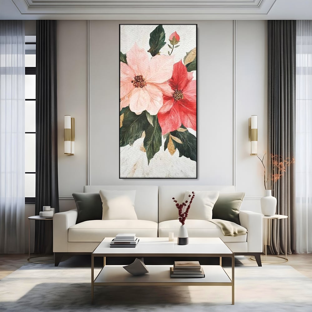 Tablou canvas cu tablou canvas cu flori de craciun, in rama de aluminiu negru, pe perete intr-un living