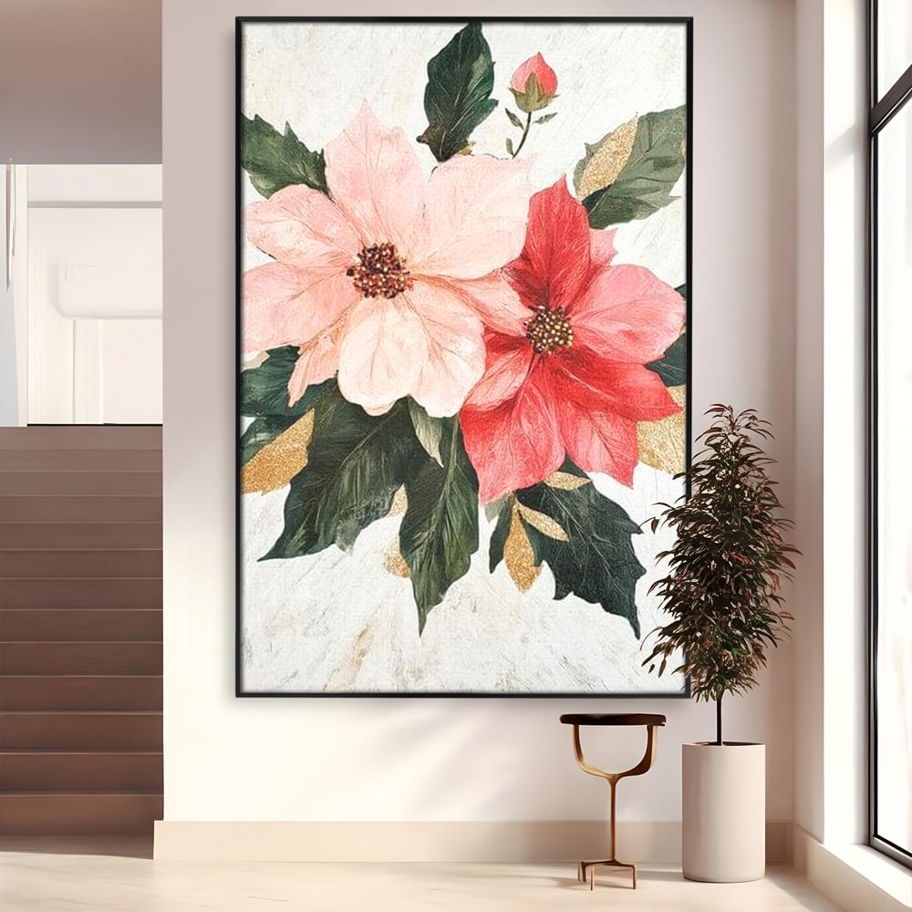 Tablou canvas cu tablou canvas cu flori de craciun, in rama de aluminiu negru