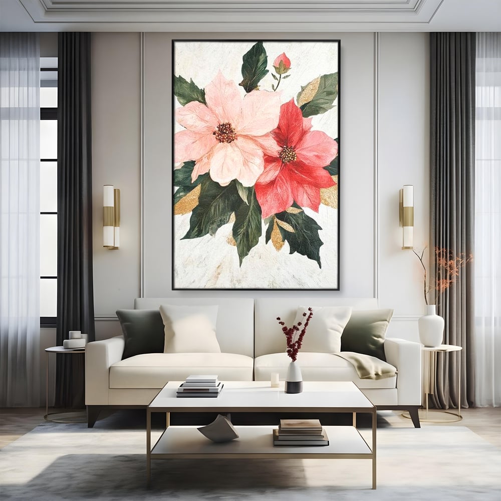 Tablou canvas cu tablou canvas cu flori de craciun, in rama de aluminiu negru, pe perete intr-un living