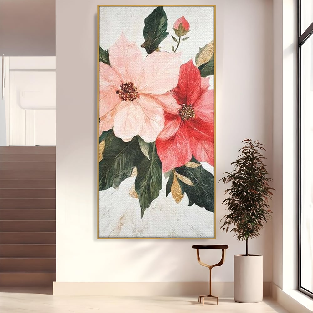 Tablou canvas cu tablou canvas cu flori de craciun, in rama de aluminiu auriu